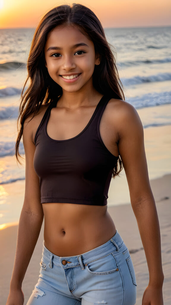 a cute (((brown-skinned teen girl))), smile, straight black long hair, who exudes an air of seduction with a (((cropped tank top))), exhibiting a perfect curved body, (at beach, beautiful sunset)