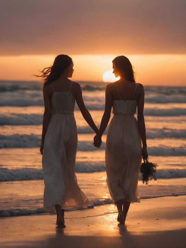 2 girls holding hands walking on the beach at sunset