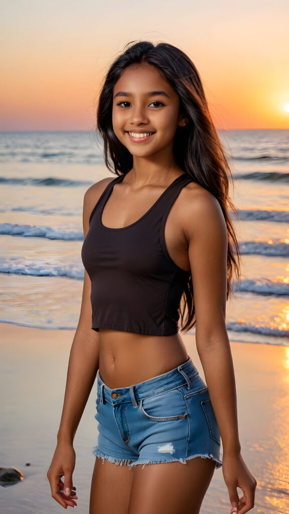 a cute (((brown-skinned teen girl))), smile, straight black long hair, who exudes an air of seduction with a (((cropped tank top))), exhibiting a perfect curved body, (at beach, beautiful sunset)