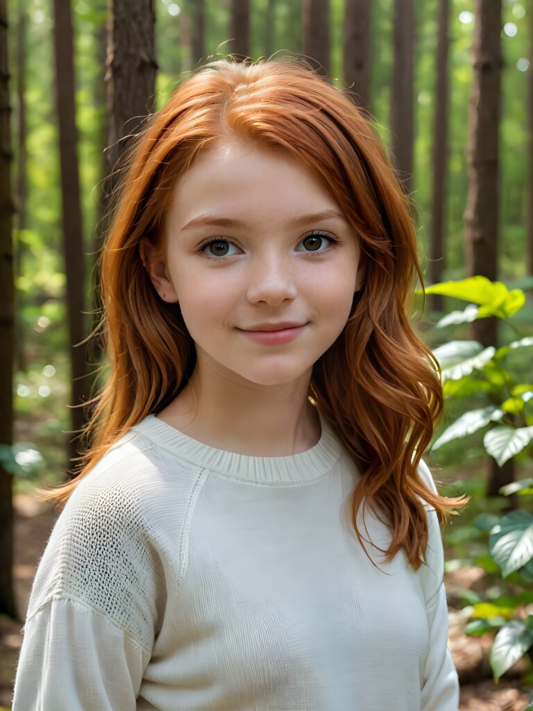 super realistic and detailed portrait: a (((cute little red-haired teen girl, 14 years old with perfect, fit curved body))), her shoulder-length soft hair framing her smile, full kissable soft lips, stands confidently in a (((natural forest))), ((round, angelic face)), ((she is wearing a soft, white sweater)) ((perfect shadows and light)) ((view from above))