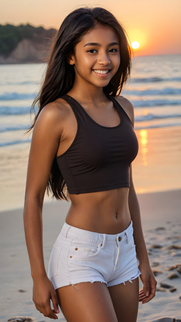 a cute (((brown-skinned teen girl))), smile, straight black long hair, who exudes an air of seduction with a (((cropped tank top))), exhibiting a perfect curved body, (at beach, beautiful sunset)