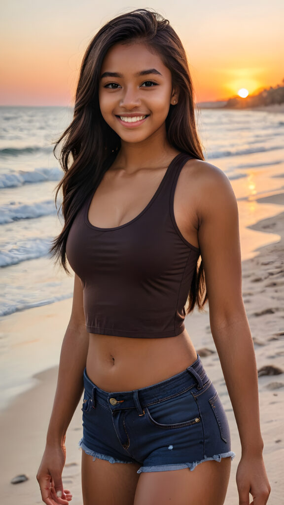 a cute (((brown-skinned teen girl))), smile, straight black long hair, who exudes an air of seduction with a (((cropped tank top))), exhibiting a perfect curved body, (at beach, beautiful sunset)