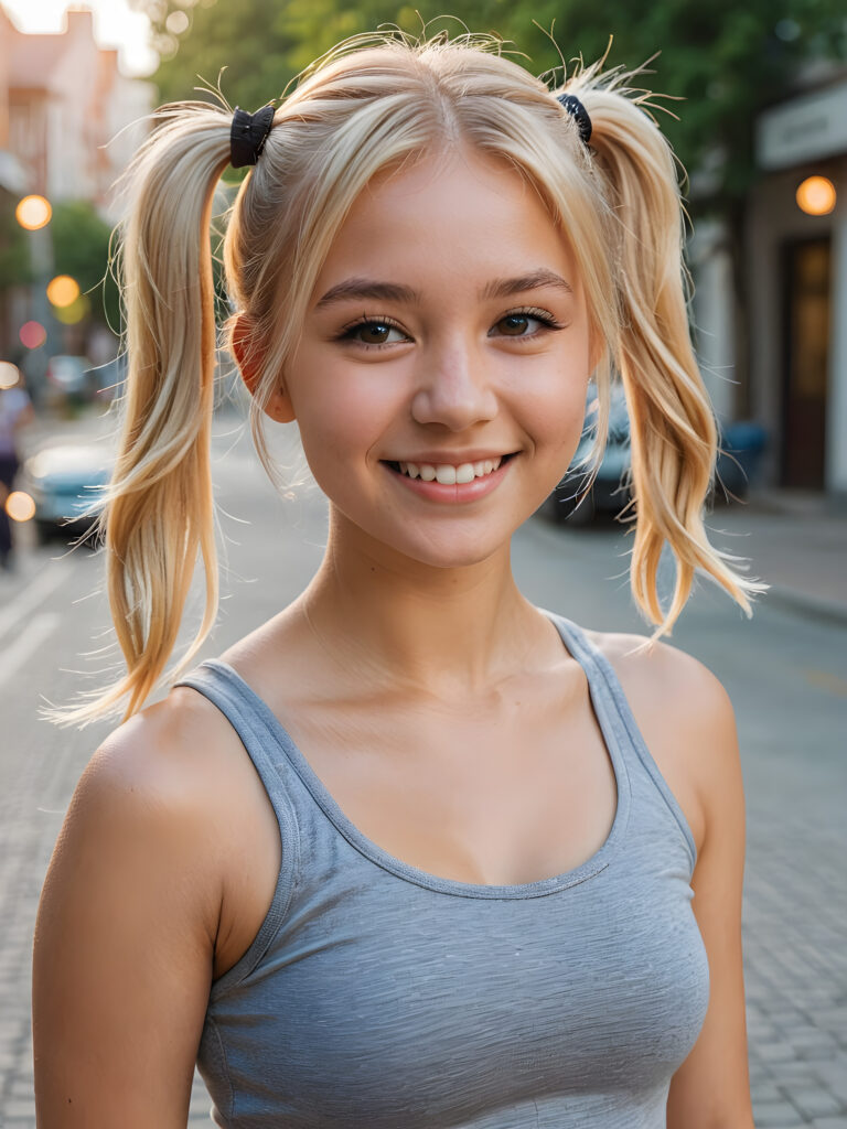 a (((young girl))), smile very happy, (wears a short crop tank top), perfect curved body ((perfect portrait)), ((hairstyle))