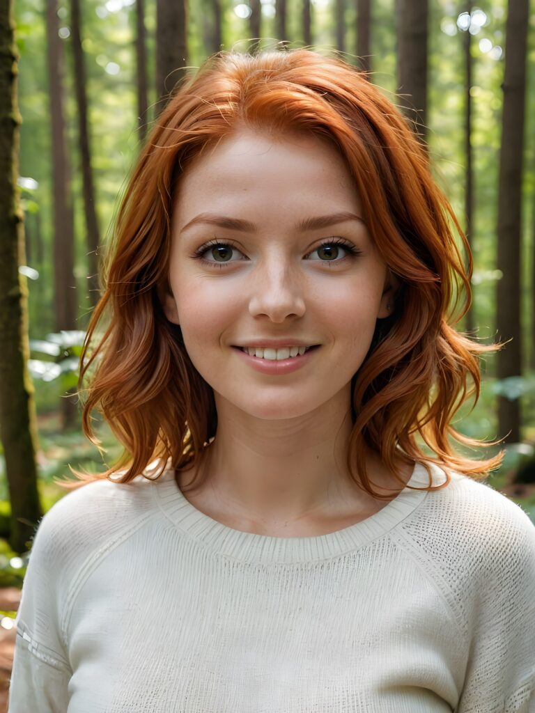 super realistic and detailed portrait: a (((cute little red-haired woman, 24 years old with perfect, fit curved body))), her shoulder-length soft hair framing her smile, full kissable soft lips, stands confidently in a (((natural forest))), ((round, angelic face)), ((she is wearing a soft, white sweater)) ((perfect shadows and light)) ((view from above))