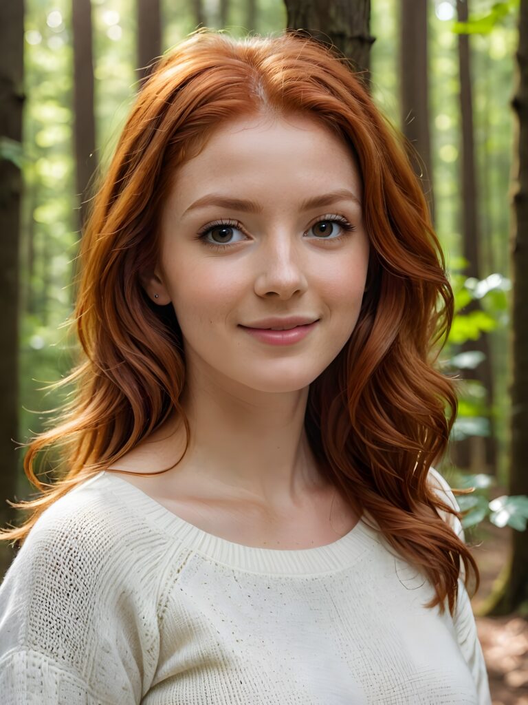 super realistic and detailed portrait: a (((cute little red-haired woman, 24 years old with perfect, fit curved body))), her shoulder-length soft hair framing her smile, full kissable soft lips, stands confidently in a (((natural forest))), ((round, angelic face)), ((she is wearing a soft, white sweater)) ((perfect shadows and light)) ((view from above))