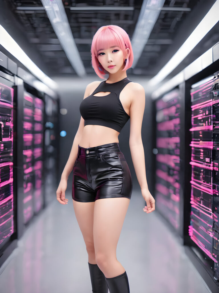 ((full body)) ((cute)) (((gorgeous)) ((stunning)) a young babe with pink strait hair, bangs cut, dressed with (super short (black crop top)) and ((short black pants)), posing in a futuristic data center