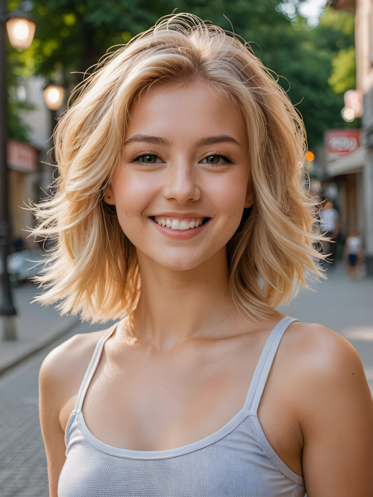 a (((young girl))), smile very happy, (wears a short crop tank top), perfect curved body ((perfect portrait)), ((hairstyle))