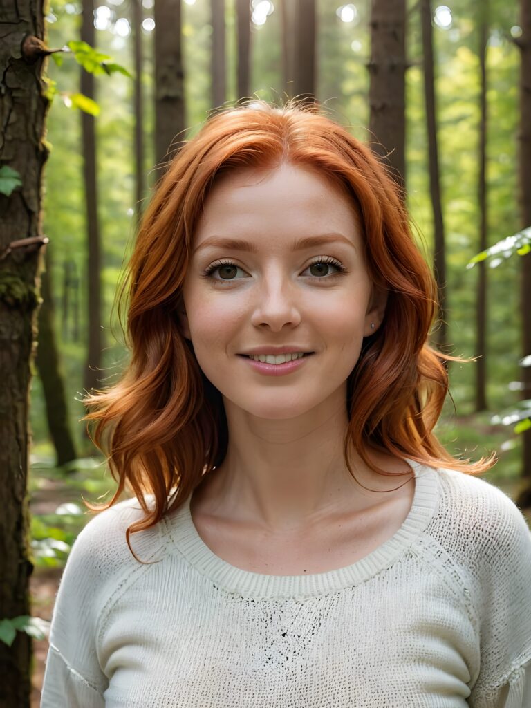 super realistic and detailed portrait: a (((red-haired woman, 34 years old with perfect, fit curved body))), her shoulder-length soft hair framing her smile, full kissable soft lips, stands confidently in a (((natural forest))), ((round, angelic face)), ((she is wearing a soft, white sweater)) ((perfect shadows and light)) ((view from above))