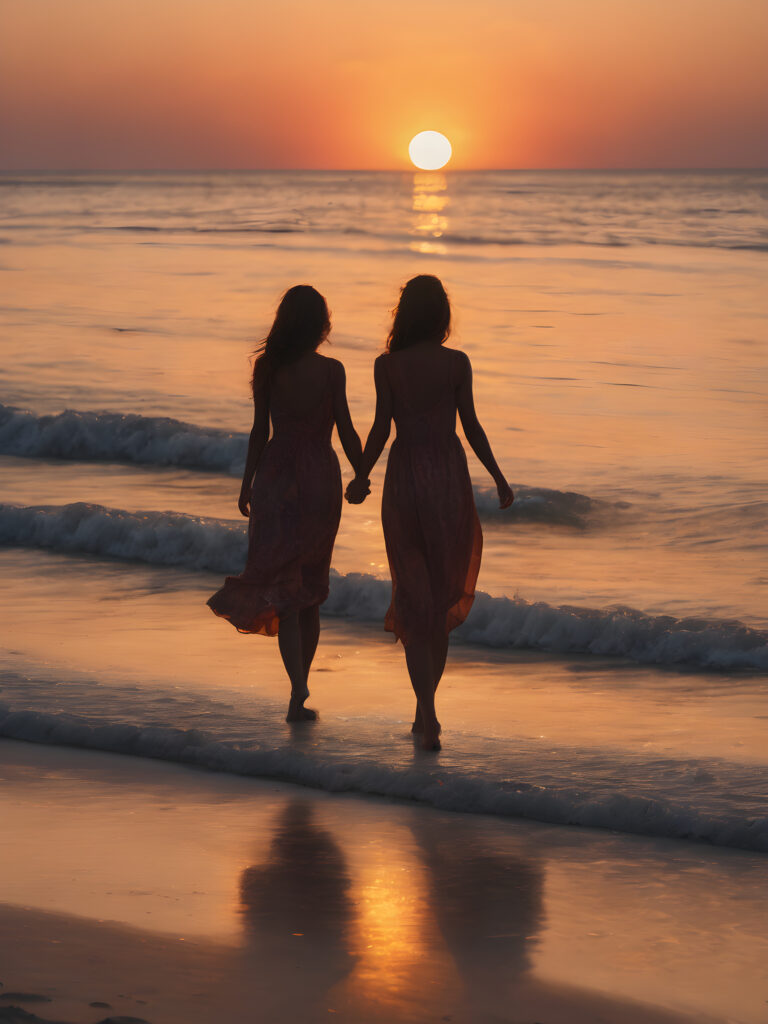 2 girls holding hands walking on the beach at sunset