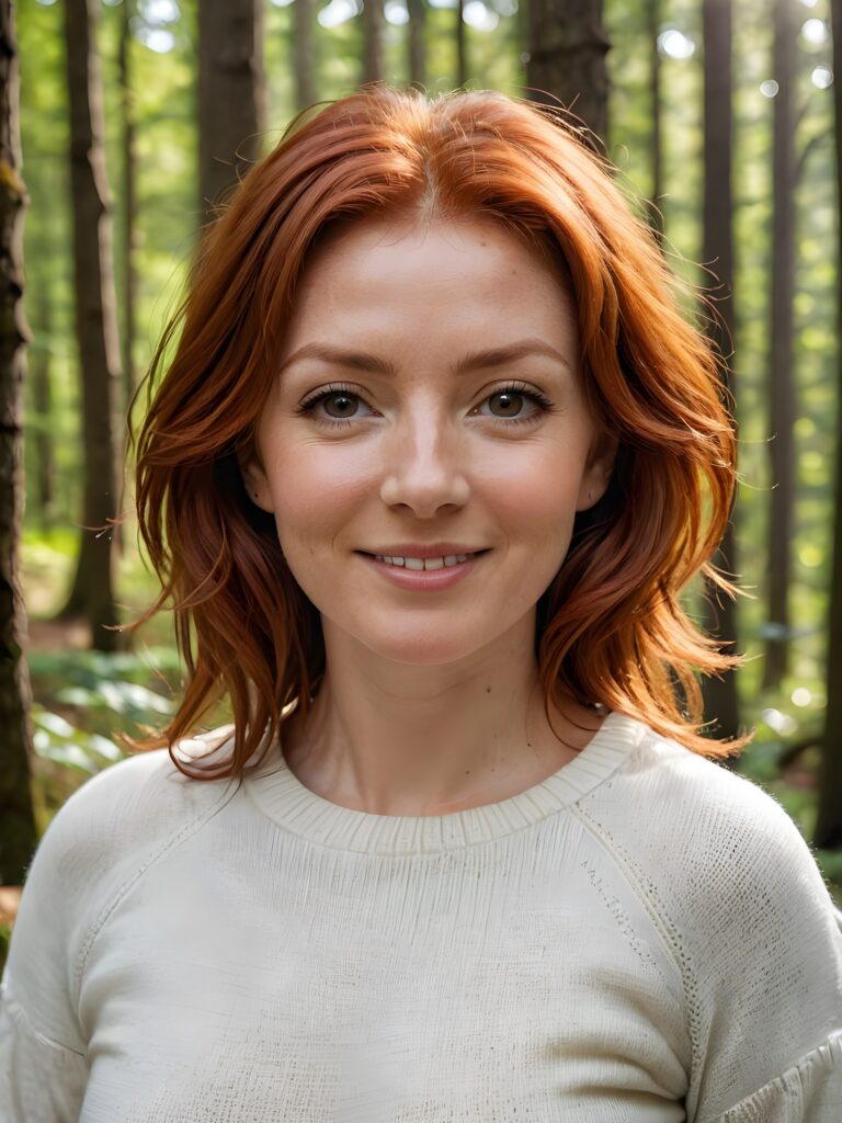 super realistic and detailed portrait: a (((red-haired woman, 44 years old with perfect, fit curved body))), her shoulder-length soft hair framing her smile, full kissable soft lips, stands confidently in a (((natural forest))), ((round, angelic face)), ((she is wearing a soft, white sweater)) ((perfect shadows and light)) ((view from above))