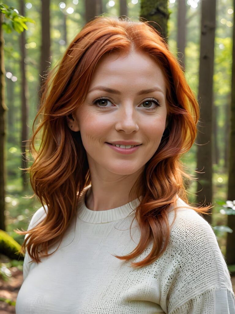 super realistic and detailed portrait: a (((red-haired woman, 44 years old with perfect, fit curved body))), her shoulder-length soft hair framing her smile, full kissable soft lips, stands confidently in a (((natural forest))), ((round, angelic face)), ((she is wearing a soft, white sweater)) ((perfect shadows and light)) ((view from above))