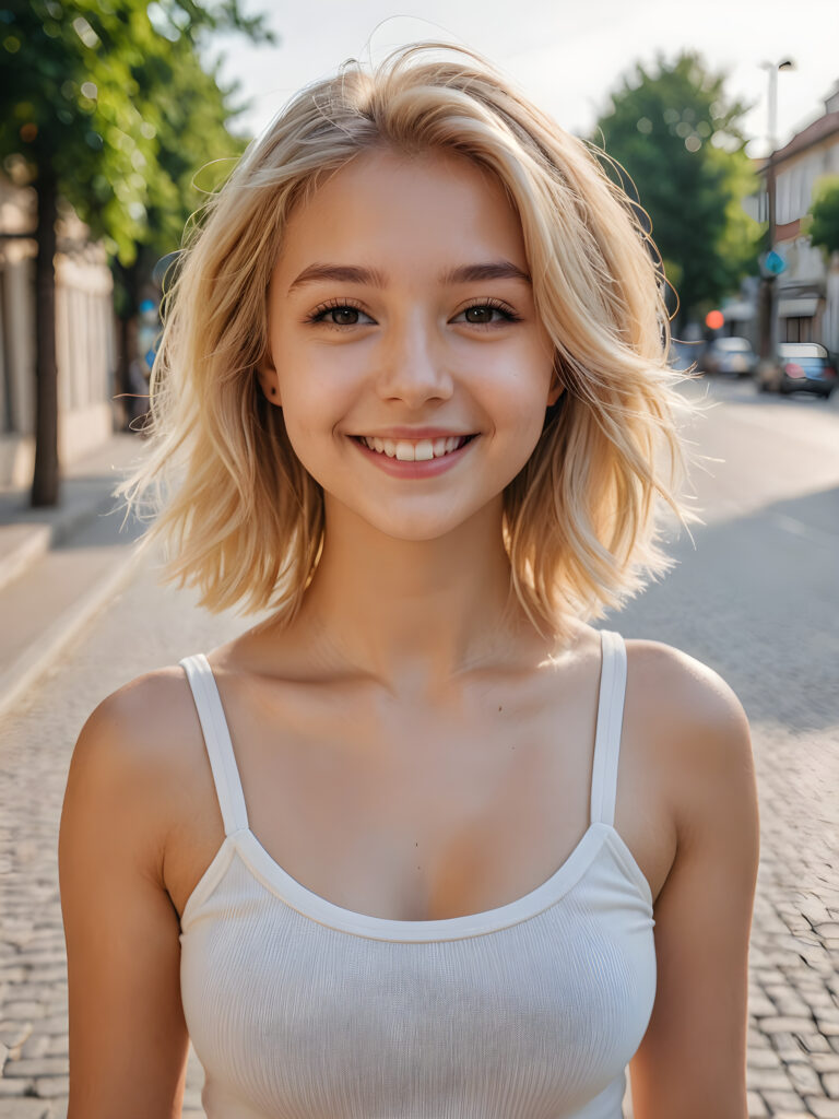 a (((young girl))), smile very happy, (wears a short crop tank top), perfect curved body ((perfect portrait)), ((hairstyle))