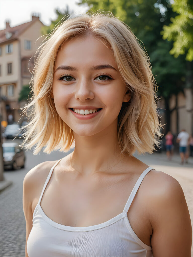 a (((young girl))), smile very happy, (wears a short crop tank top), perfect curved body ((perfect portrait)), ((hairstyle))