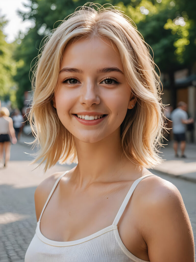 a (((young girl))), smile very happy, (wears a short crop tank top), perfect curved body ((perfect portrait)), ((hairstyle))