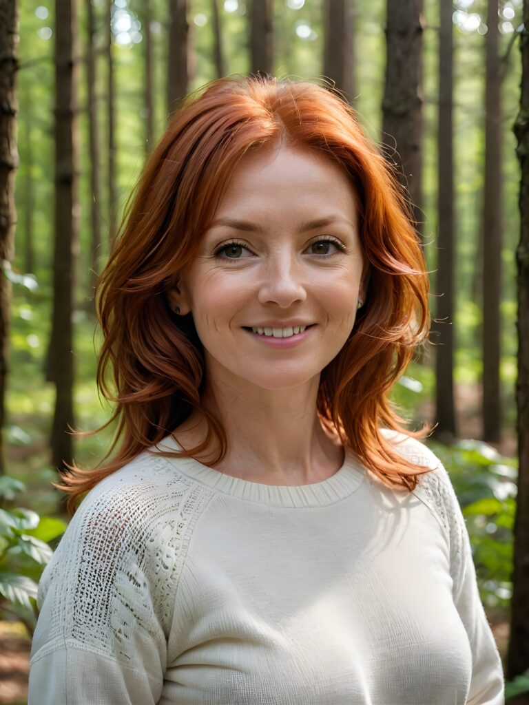 super realistic and detailed portrait: a (((red-haired woman, 54 years old with perfect, fit curved body))), her shoulder-length soft hair framing her smile, full kissable soft lips, stands confidently in a (((natural forest))), ((round, angelic face)), ((she is wearing a soft, white sweater)) ((perfect shadows and light)) ((view from above))