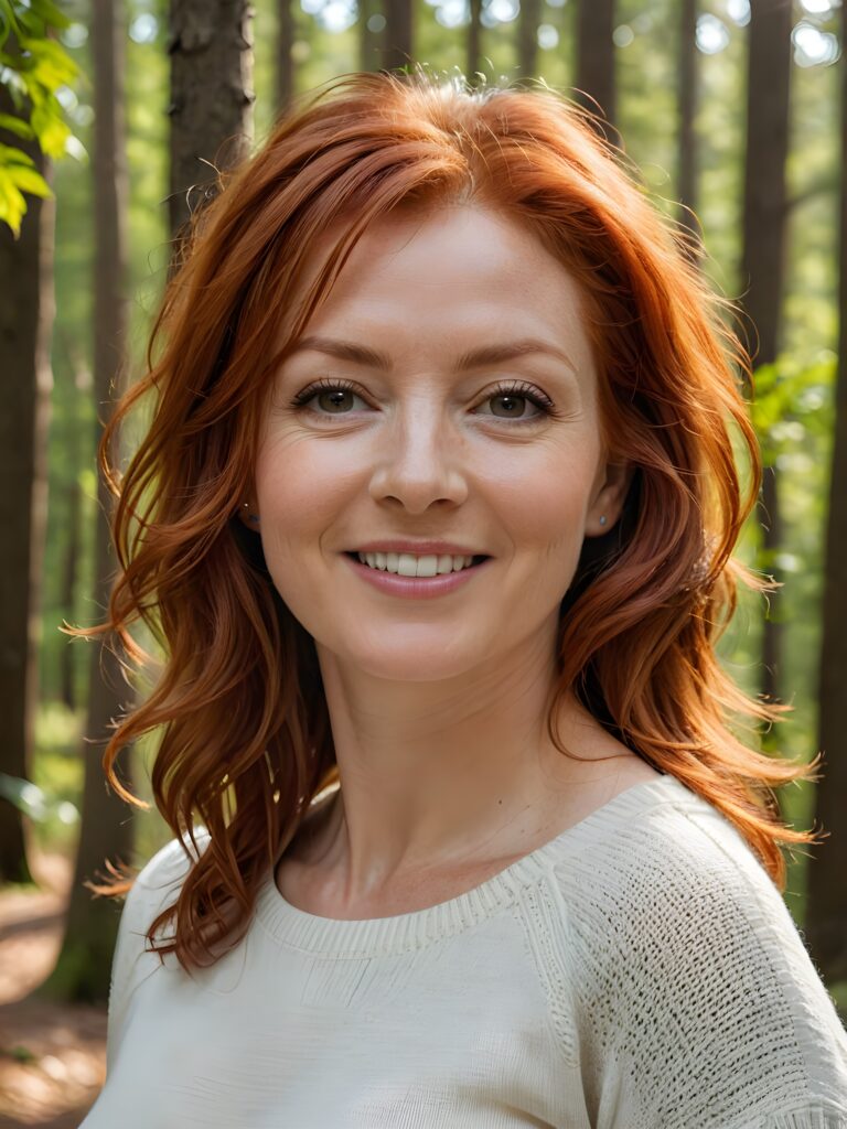 super realistic and detailed portrait: a (((red-haired woman, 54 years old with perfect, fit curved body))), her shoulder-length soft hair framing her smile, full kissable soft lips, stands confidently in a (((natural forest))), ((round, angelic face)), ((she is wearing a soft, white sweater)) ((perfect shadows and light)) ((view from above))