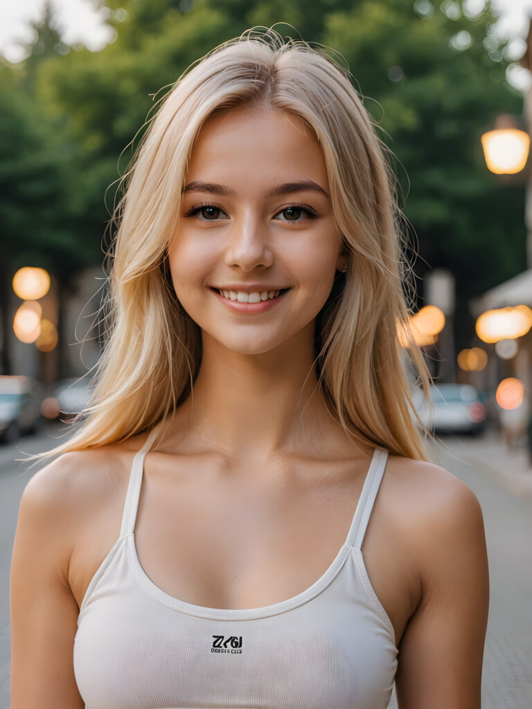 a (((young girl))), smile very happy, (wears a short crop tank top), perfect curved body ((perfect portrait)), ((hairstyle))