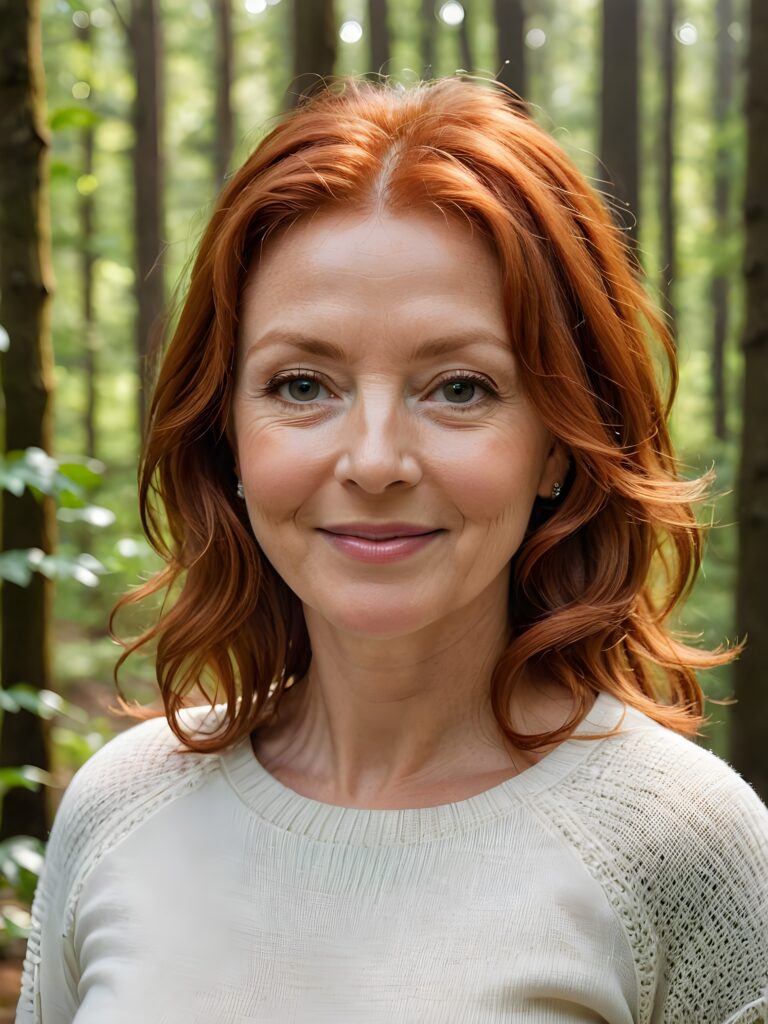 super realistic and detailed portrait: a (((red-haired woman, 64 years old with perfect, fit curved body))), her shoulder-length soft hair framing her smile, full kissable soft lips, stands confidently in a (((natural forest))), ((round, angelic face)), ((she is wearing a soft, white sweater)) ((perfect shadows and light)) ((view from above))