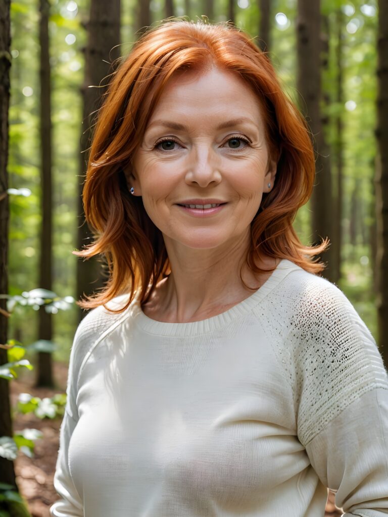 super realistic and detailed portrait: a (((red-haired woman, 64 years old with perfect, fit curved body))), her shoulder-length soft hair framing her smile, full kissable soft lips, stands confidently in a (((natural forest))), ((round, angelic face)), ((she is wearing a soft, white sweater)) ((perfect shadows and light)) ((view from above))