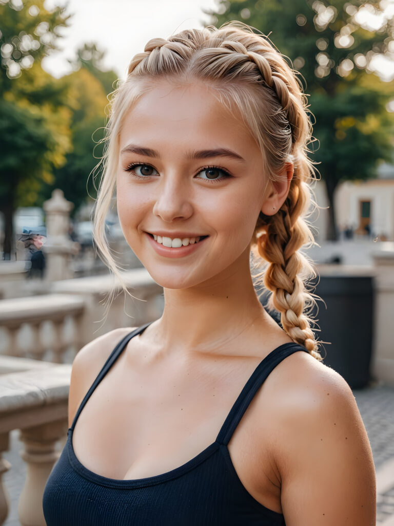 a (((young girl))), smile very happy, (wears a short crop tank top), perfect curved body ((perfect portrait)), ((hairstyle))