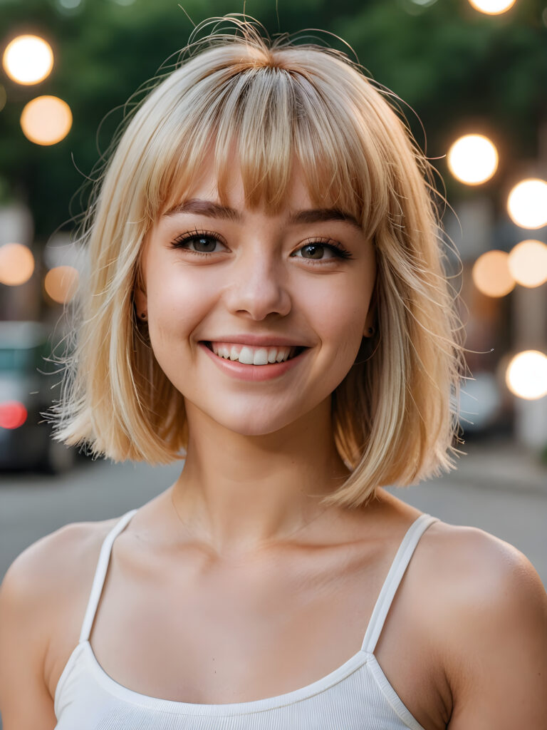 a (((young girl))), smile very happy, (wears a short crop tank top), perfect curved body ((perfect portrait)), ((hairstyle))