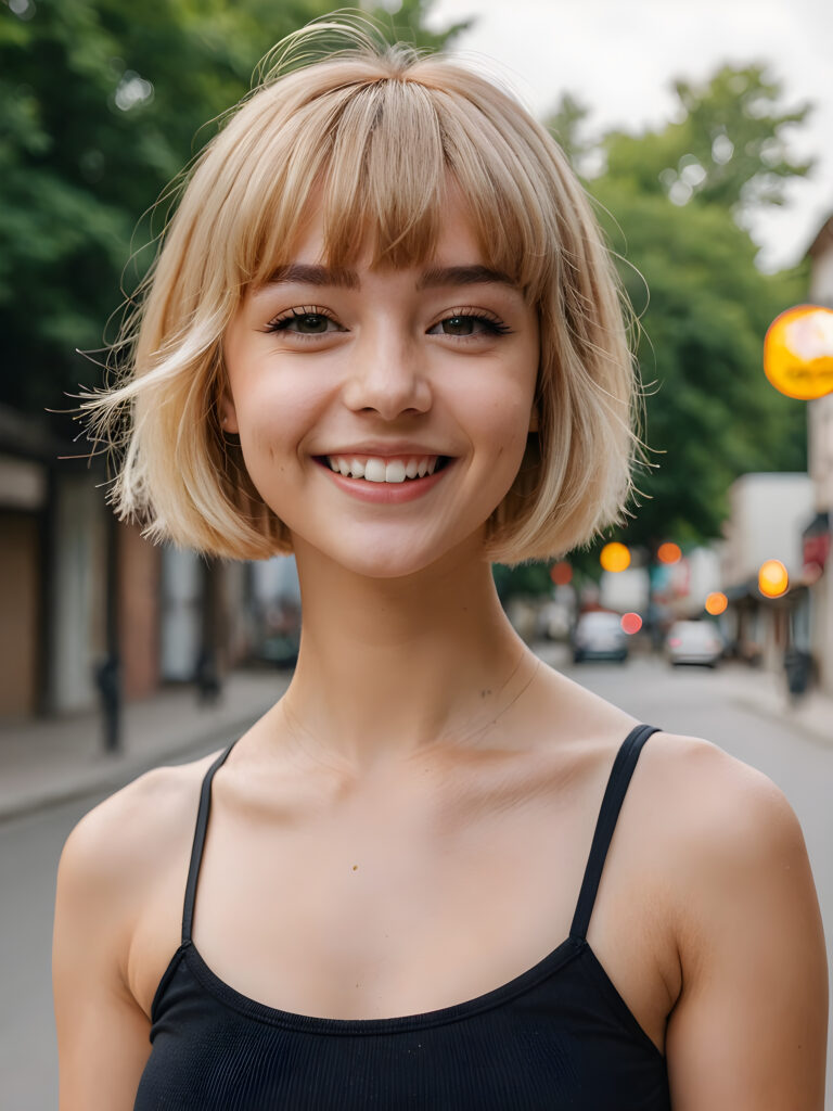 a (((young girl))), smile very happy, (wears a short crop tank top), perfect curved body ((perfect portrait)), ((hairstyle))