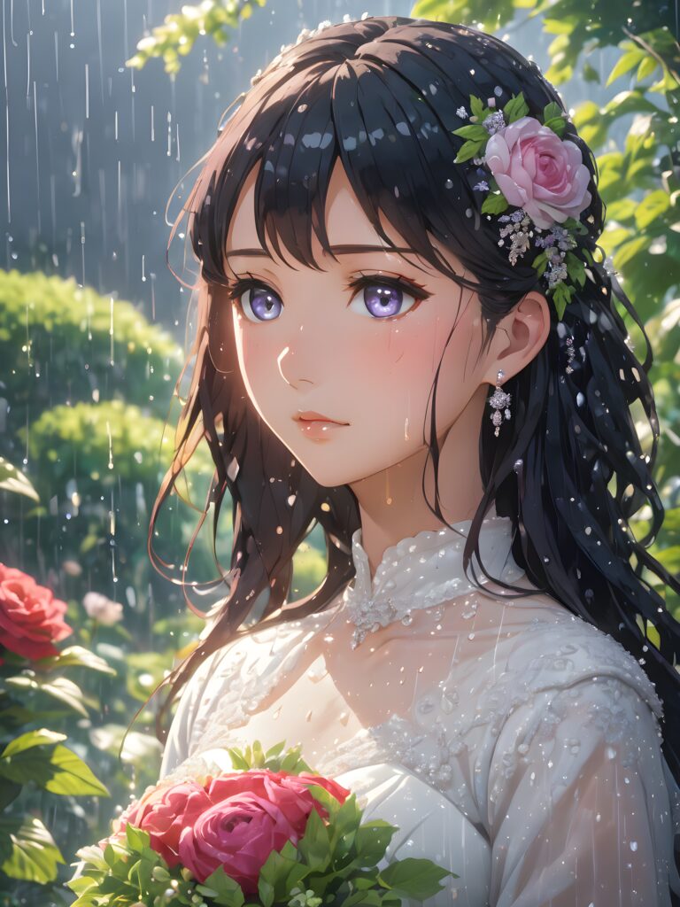 a (((bride-to-be))) standing patiently underneath a gently drizzling (((garden))), her face streaked with heartbreaking tears, encapsulating a profoundly sorrowful atmosphere despite the (((soft rain))) falling around her