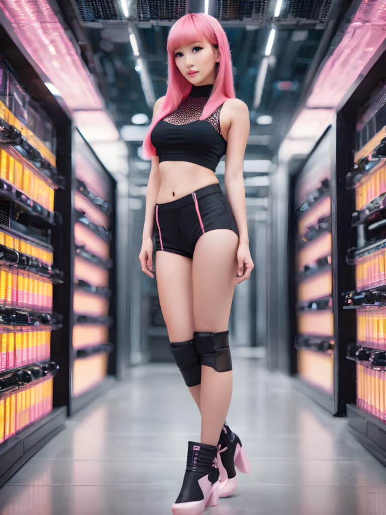 ((full body)) ((cute)) (((gorgeous)) ((stunning)) a young babe with pink strait hair, bangs cut, dressed with (super short (black crop top)) and ((short black pants)), posing in a futuristic data center