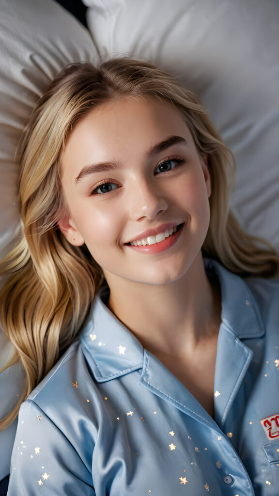 a (((beautiful young teen girl))), lying in a bed (((detailed perspective from above))), clad in a (((night suit))), with delicate features and (full, kissable lips), blonde straight hair, white teeth, smile