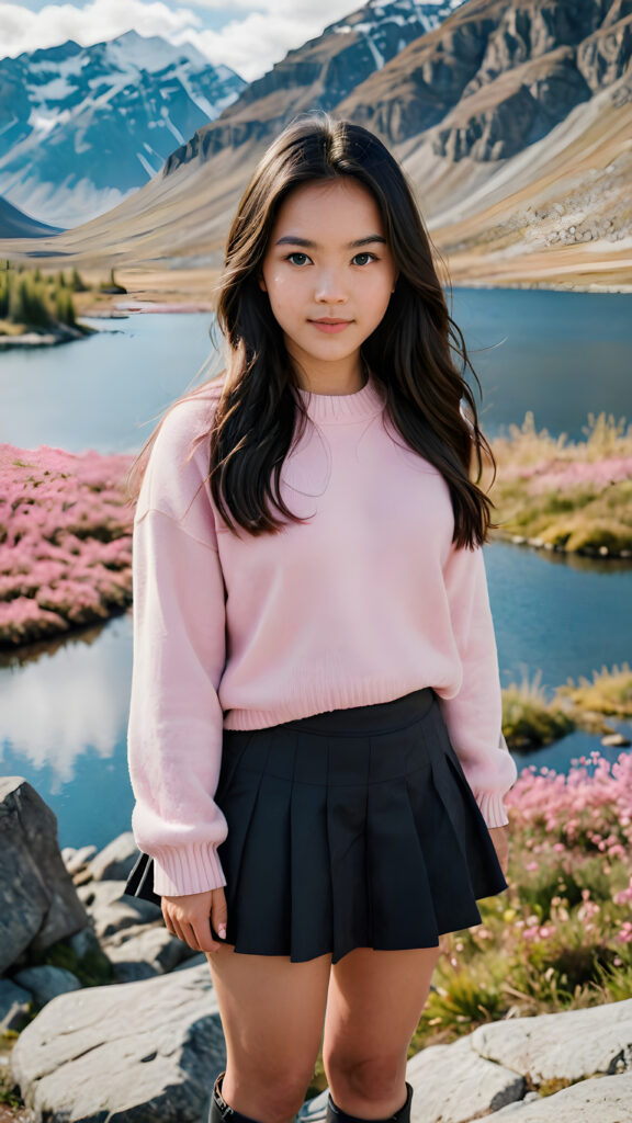 a beautiful 17 year old cute Inuit girl with long dark hair, a small round face, big blue eyes and cute cheeks. She is wearing a pink sweater, a black skirt and grey shoes. She is in a beautiful wild landscape, surrounded by a lake and mountains