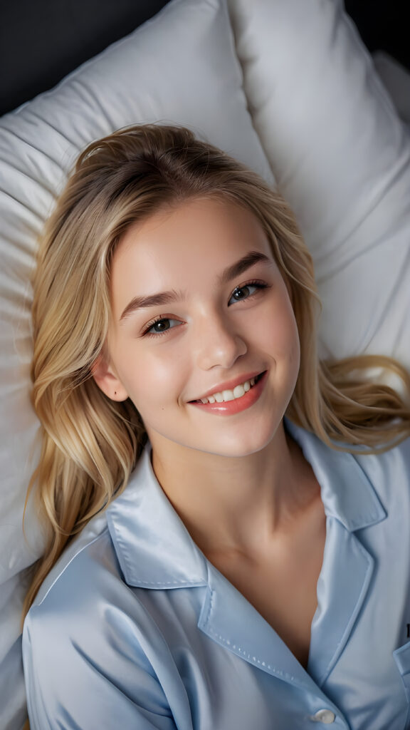 a (((beautiful young teen girl))), lying in a bed (((detailed perspective from above))), clad in a (((night suit))), with delicate features and (full, kissable lips), blonde straight hair, white teeth, smile