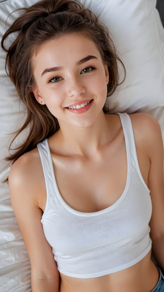 a (((beautiful young teen girl))), lying in a bed (((detailed perspective from above))), clad in a (((tank top))), with delicate features and (full, kissable lips), white teeth, smile