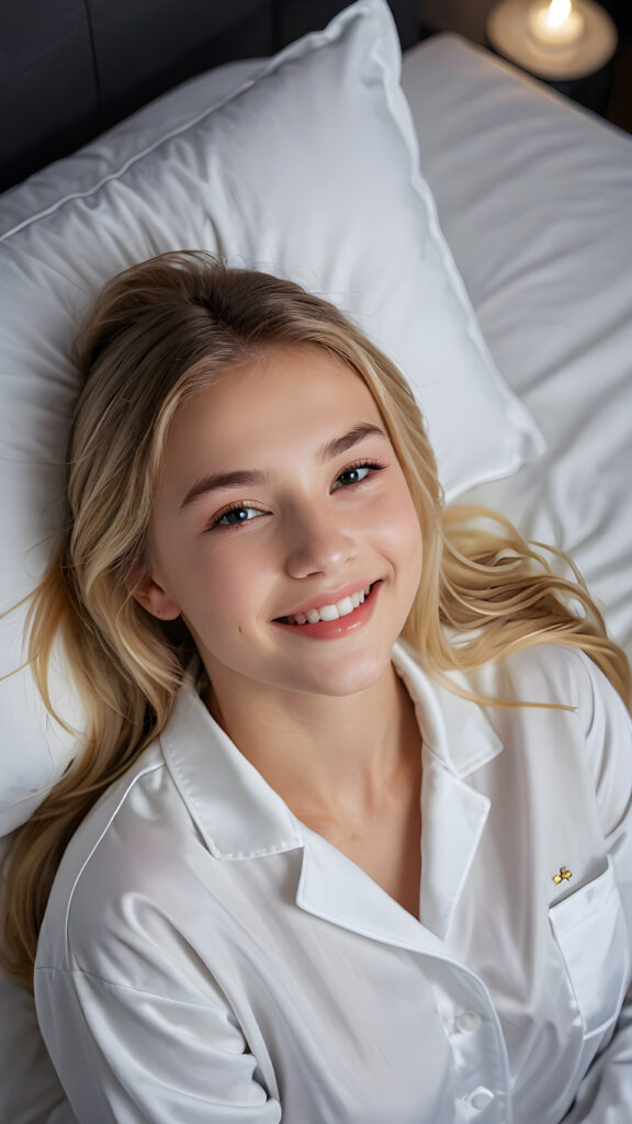 a (((beautiful young teen girl))), lying in a bed (((detailed perspective from above))), clad in a (((night suit))), with delicate features and (full, kissable lips), blonde straight hair, white teeth, smile