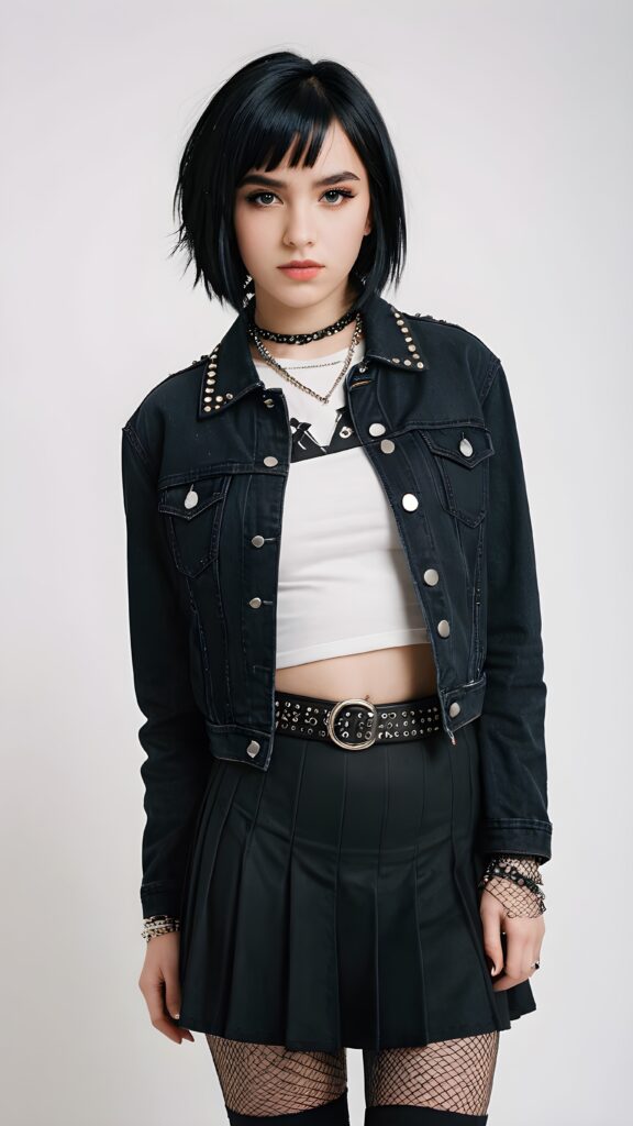 a beautiful, emo-styled (((teen girl))), with short, flowing, black bob hair framing one eye and thick, black eyebrows, dressed in a sleek, black denim jacket, a classic goth skirt, and fishnet tights, accessorized with studded details like a belt and bracelets ((white background)) ((stunning)) ((gorgeous))