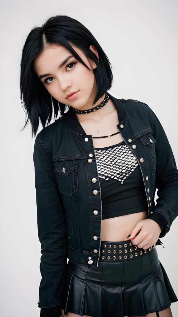 a beautiful, emo-styled (((teen girl))), with short, flowing, black bob hair framing one eye and thick, black eyebrows, dressed in a sleek, black denim jacket, a classic goth skirt, and fishnet tights, accessorized with studded details like a belt and bracelets ((white background)) ((stunning)) ((gorgeous))