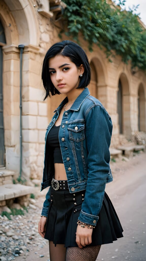 A beautiful, emo-styled (((Syrian teen girl))), with short, flowing, black bob hair framing one eye and thick, black eyebrows, dressed in a sleek, black denim jacket, a classic goth skirt, and fishnet tights, accessorized with studded details like a belt and bracelets