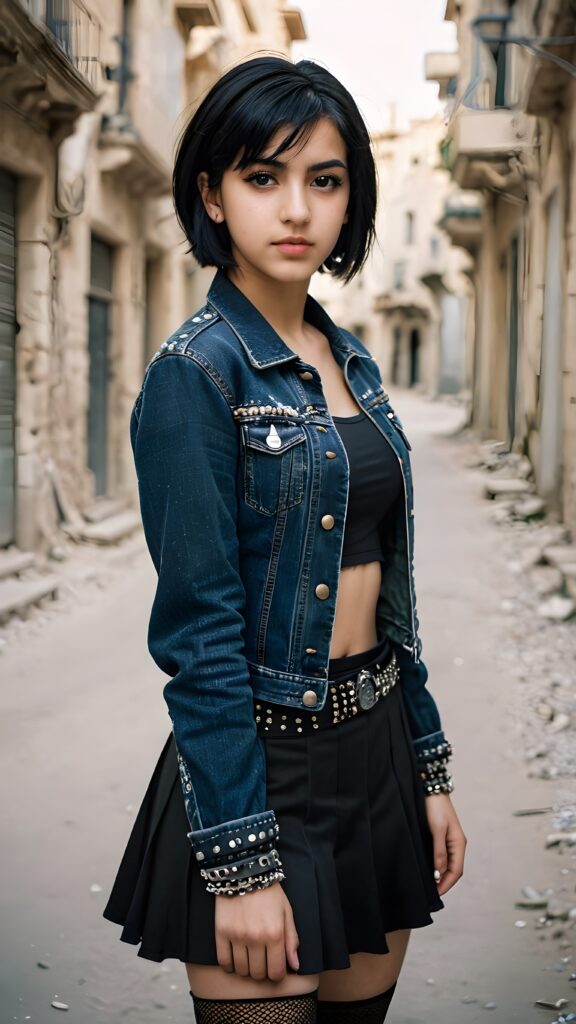 A beautiful, emo-styled (((Syrian teen girl))), with short, flowing, black bob hair framing one eye and thick, black eyebrows, dressed in a sleek, black denim jacket, a classic goth skirt, and fishnet tights, accessorized with studded details like a belt and bracelets