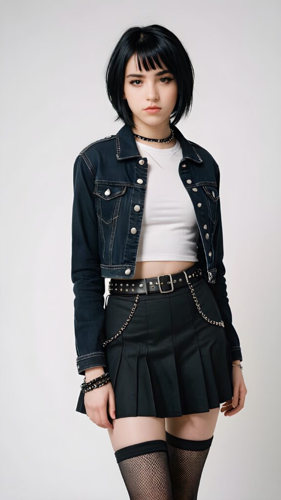 a beautiful, emo-styled (((teen girl))), with short, flowing, black bob hair framing one eye and thick, black eyebrows, dressed in a sleek, black denim jacket, a classic goth skirt, and fishnet tights, accessorized with studded details like a belt and bracelets ((white background)) ((stunning)) ((gorgeous))