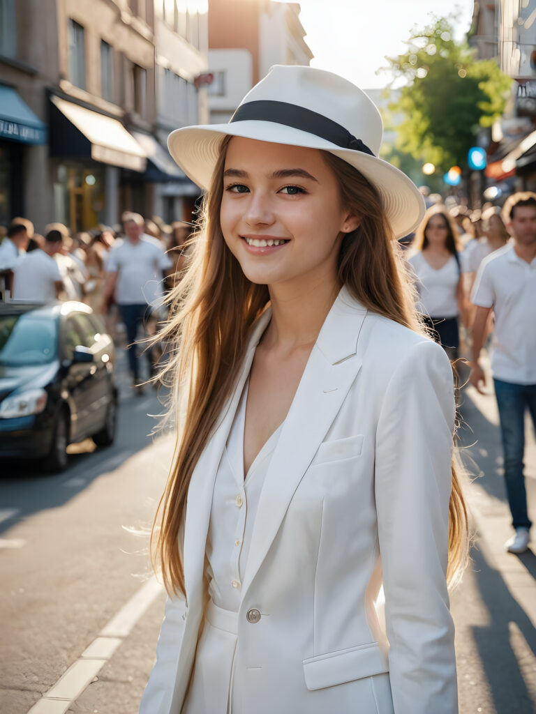 a beautiful young teen girl stands on a busy street. She has long hair and is wearing an elegant white suit and a white hat. She smiles at the camera. The sun is shining and illuminating her face.