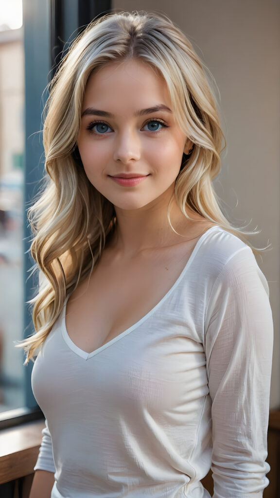 A beautiful young and delicate busty teen girl wears a thin and long T-shirt with a deep neckline. She looks seductively at the viewer and has thin, white silky smooth beautiful hair that falls over her upper body, she smiles a little and has her mouth slightly open. Big blue eyes. View from the side