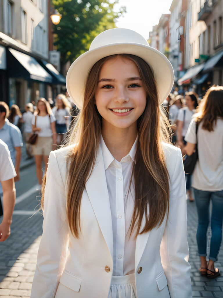 a beautiful young teen girl stands on a busy street. She has long hair and is wearing an elegant white suit and a white hat. She smiles at the camera. The sun is shining and illuminating her face.