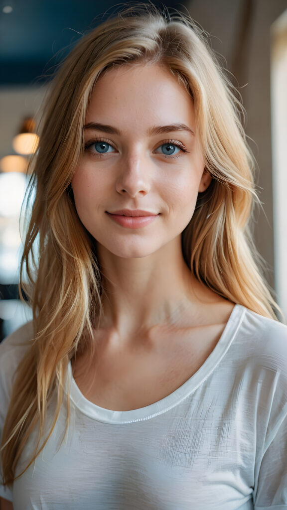 A beautiful young and delicate girl wears a thin and long T-shirt with a deep neckline. She looks seductively at the viewer and has thin, golden silky smooth beautiful hair that falls over her upper body, she smiles a little and has her mouth slightly open. Big blue eyes. View from the side