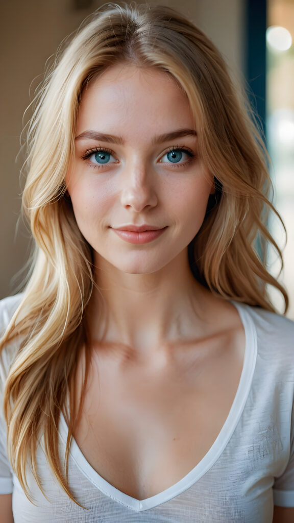 A beautiful young and delicate girl wears a thin and long T-shirt with a deep neckline. She looks seductively at the viewer and has thin, golden silky smooth beautiful hair that falls over her upper body, she smiles a little and has her mouth slightly open. Big blue eyes. View from the side