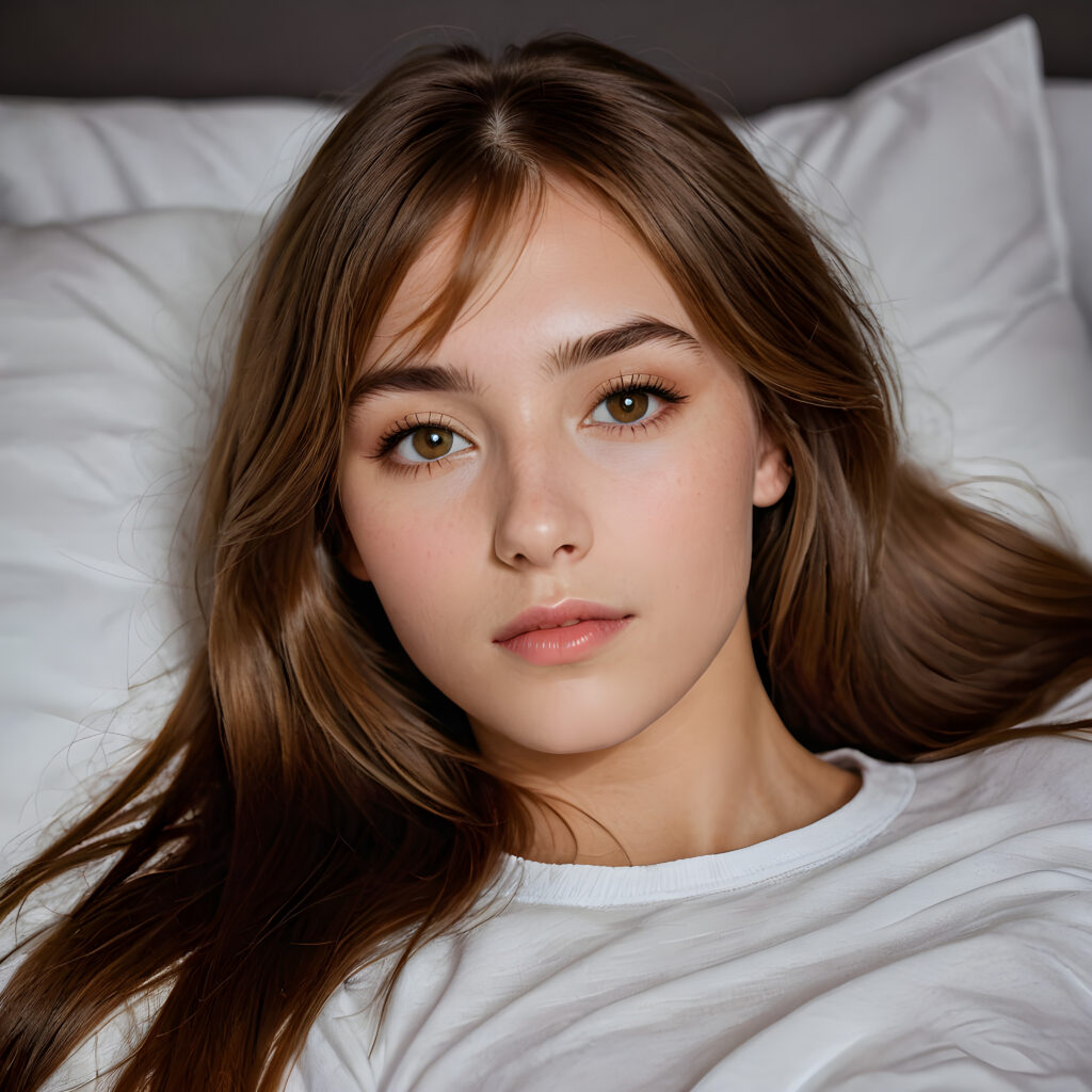 a (((beautifully drawn))) long, straight (((hazelnut hair))) with intricate details, reflecting a (((professional night photographer))) who's captured the essence of a (((teenage girl with stunning features))), as she sleeps peacefully in a (comfortable bed), her lashes resting against her cheeks, cut bangs framing an (angelically realistic face) with soft, delicate features, wearing a (super short, tight white T-shirt) made from thin silk