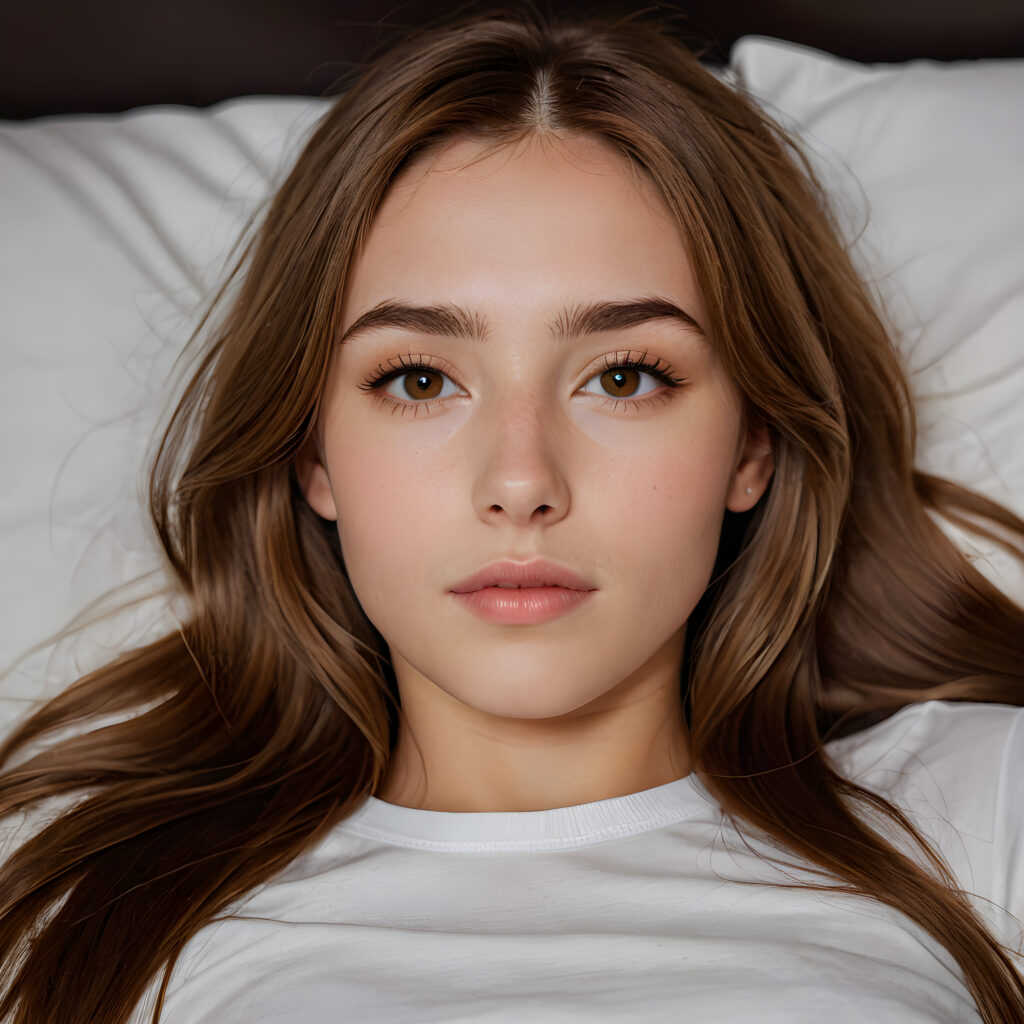 a (((beautifully drawn))) long, straight (((hazelnut hair))) with intricate details, reflecting a (((professional night photographer))) who's captured the essence of a (((teenage girl with stunning features))), as she sleeps peacefully in a (comfortable bed), her lashes resting against her cheeks, cut bangs framing an (angelically realistic face) with soft, delicate features, wearing a (super short, tight white T-shirt) made from thin silk