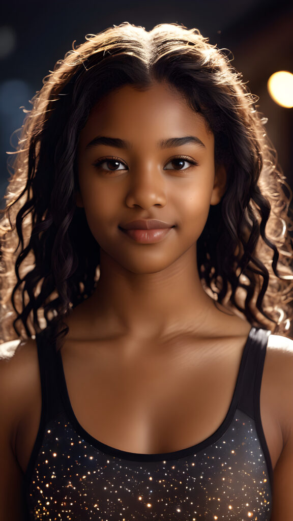 a (((beautifully drawn (((cinematic lights))) young black teen girl))), aged 14, with long, realistically detailed, flowing black hair and a round, angelic face, poised with a warm smile, facing the camera for a softly focused, perfectly composed portrait shot. Her figure is flawlessly proportioned, her skin tone is distinctively dark, and she's clad in a sleek, super short, form-fitting tank top that showcases every nuance of her striking realism