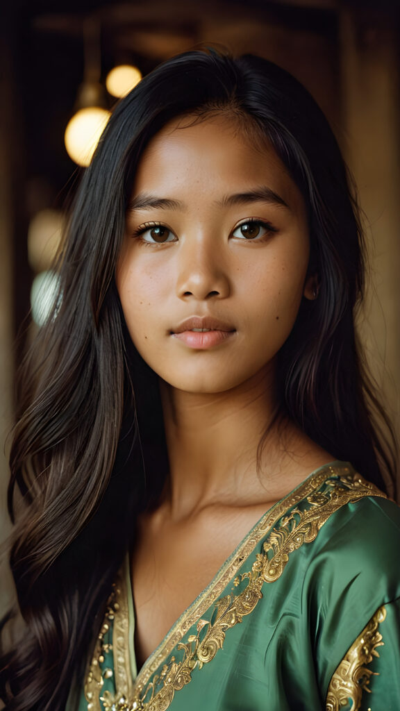 a (((beautifully drawn portrait))) of a (((Burmese teen girl))) with long, flowing, (((straight hair))) and a (((stunningly realistic face))), intricate details capturing a (((luminous Burmese youth))), aged 15, her eyes looking directly into the camera with perfect curls and a flawlessly proportioned figure presented in a (((side profile))), evoking a sense of ethereal realism