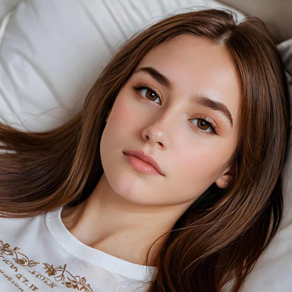 a (((beautifully drawn))) long, straight (((hazelnut hair))) with intricate details, reflecting a (((professional night photographer))) who's captured the essence of a (((teenage girl with stunning features))), as she sleeps peacefully in a (comfortable bed), her lashes resting against her cheeks, cut bangs framing an (angelically realistic face) with soft, delicate features, wearing a (super short, tight white T-shirt) made from thin silk