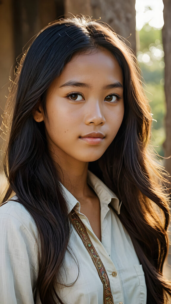 a (((beautifully drawn portrait))) of a (((Burmese teen girl))) with long, flowing, (((straight hair))) and a (((stunningly realistic face))), intricate details capturing a (((luminous Burmese youth))), aged 15, her eyes looking directly into the camera with perfect curls and a flawlessly proportioned figure presented in a (((side profile))), evoking a sense of ethereal realism