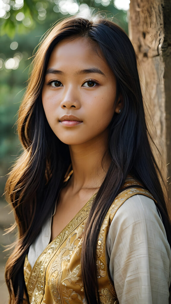 a (((beautifully drawn portrait))) of a (((Burmese teen girl))) with long, flowing, (((straight hair))) and a (((stunningly realistic face))), intricate details capturing a (((luminous Burmese youth))), aged 15, her eyes looking directly into the camera with perfect curls and a flawlessly proportioned figure presented in a (((side profile))), evoking a sense of ethereal realism